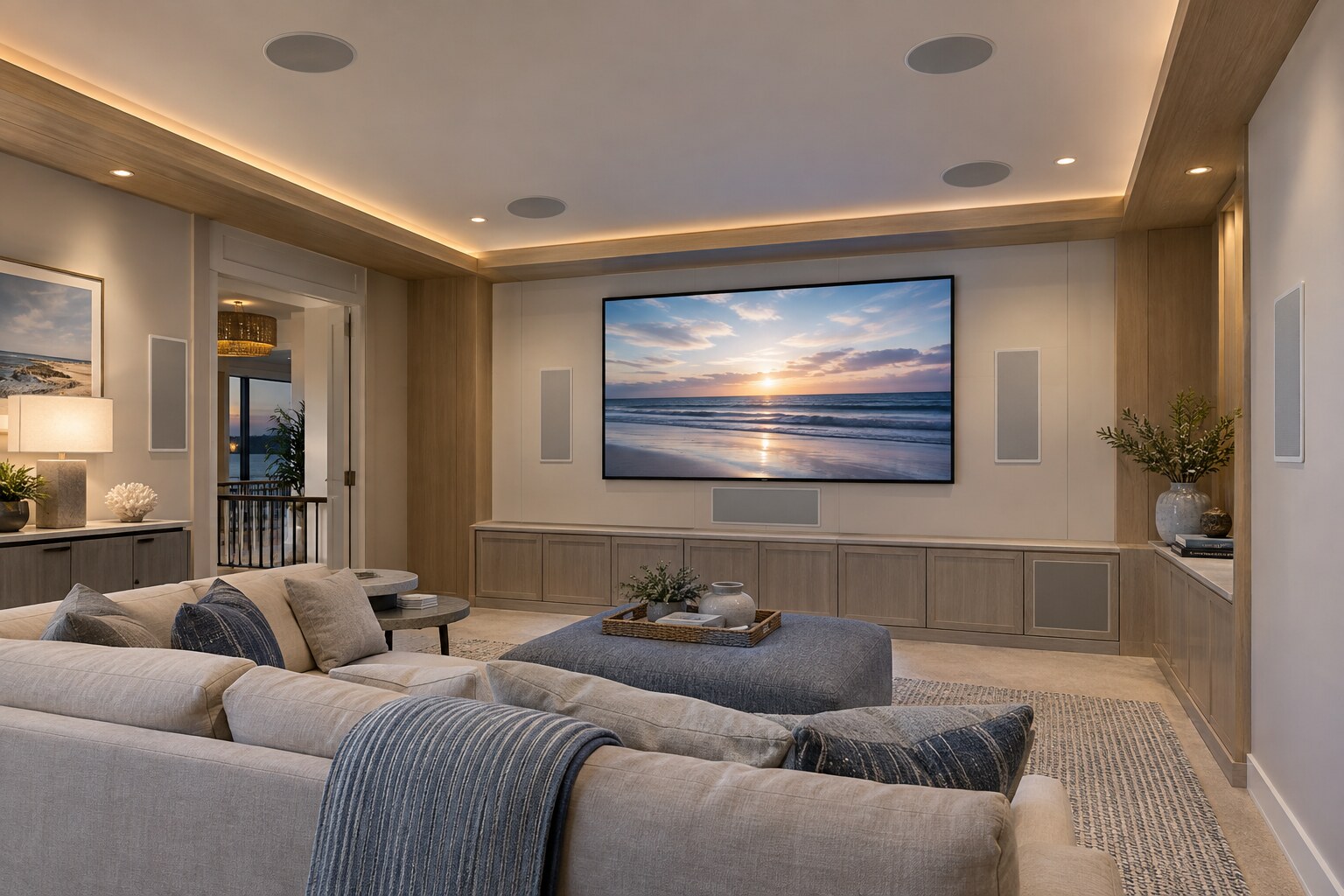Luxury media room with high-end in-wall surround speakers and round in-ceiling speakers