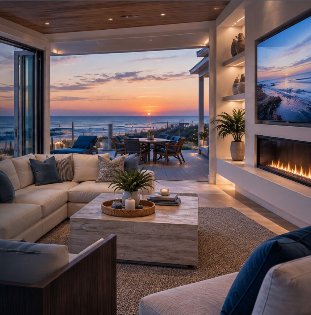 Coastal living room with integrated lighting, video and shades