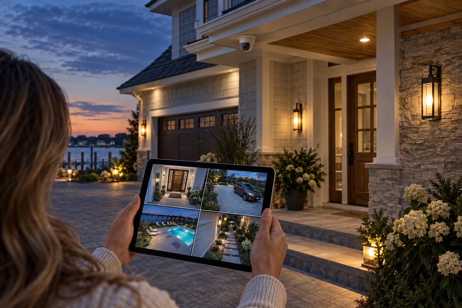 Homeowner viewing four live surveillance camera angles on a tablet beside a professionally mounted exterior camera