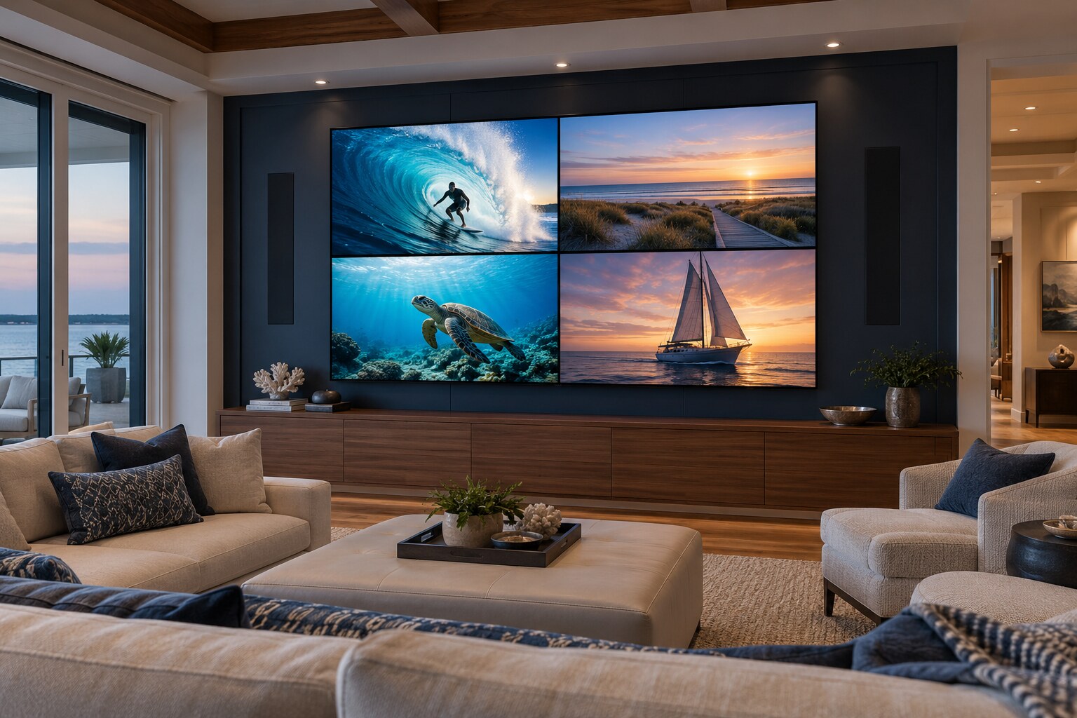 Luxury residential entertainment room with a professionally installed four-screen video wall